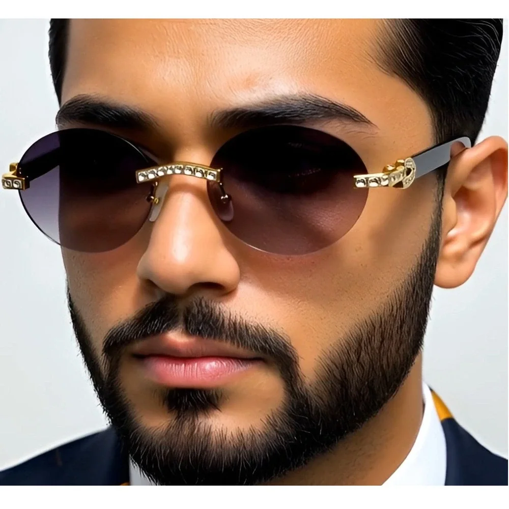 Rimless Sunglasses Round Lens Gold Accent Fashion Shades Men Outfit Gafas Lentes
